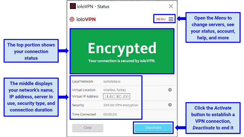 Graphic showing a screenshot of ioloVPN's interface with instructions on how to use it