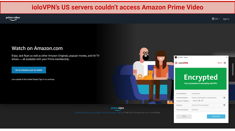 graphic showing Amazon Prime Video US still blocked, despite using ioloVPN