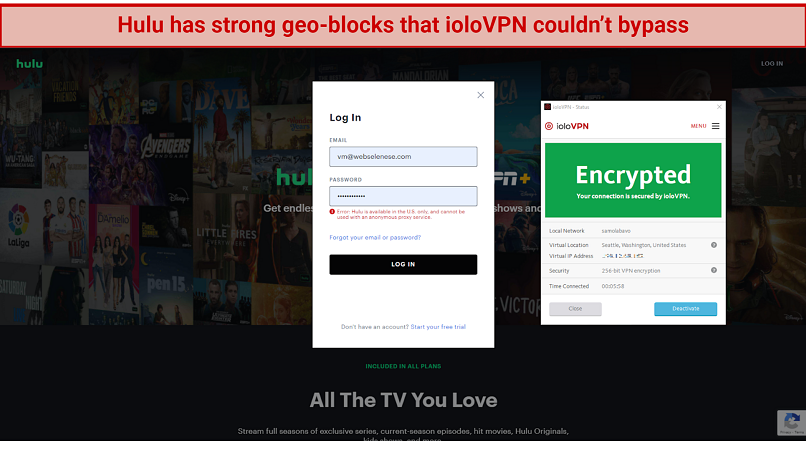 graphic showing ioloVPN unable to bypass Hulu's geoblocks