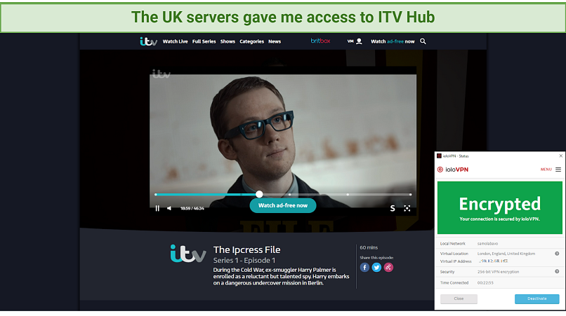 graphic showing ITV Hub streaming using ioloVPN's servers