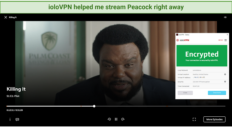 graphic showing Peacock TV streaming using ioloVPN's servers