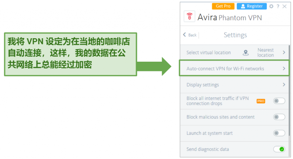 Screenshot of Avira Phantom VPN's app highlighting the auto-connect VPN for WiFi networks feature