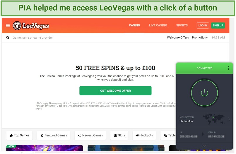 Screenshot showing PIA unblocking LeoVegas using a server in London
