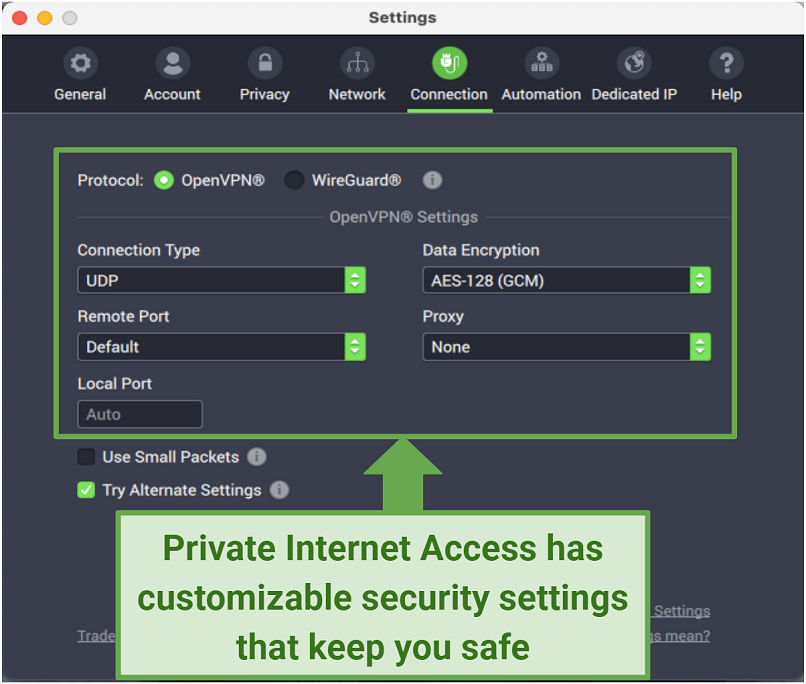 Graphic Showing PIA security settings