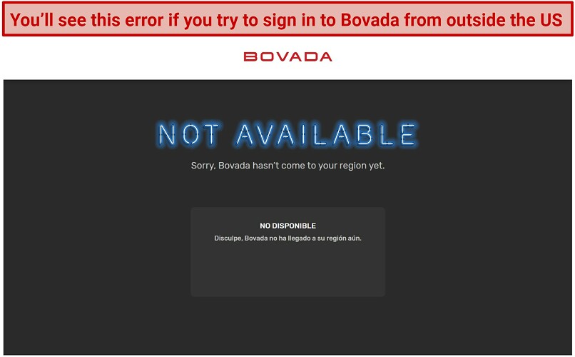 Screenshot of location errors while trying to visit Bovada from a non-supported country.