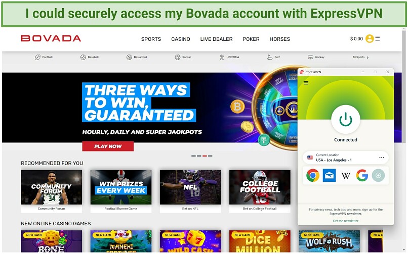Screenshot of accessing Bovada home page while connected to ExpressVPN.