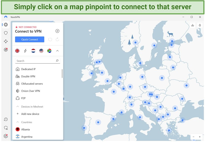 Screenshot of NordVpn's user-friendly map interface