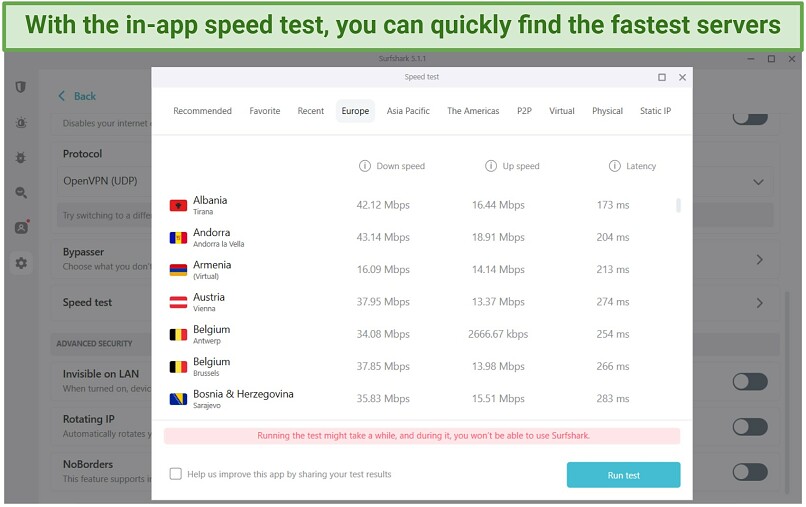 Screenshot of Surfshark's in-app speedtest results.