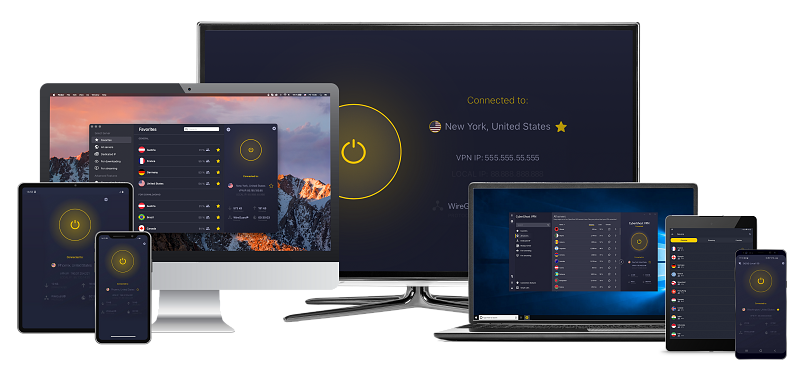 Graphic of Cyberghost 8 Apps Uživatelské rozhraní na různých zařízeních, jako jsou notebooky, stolní počítače a chytré telefony