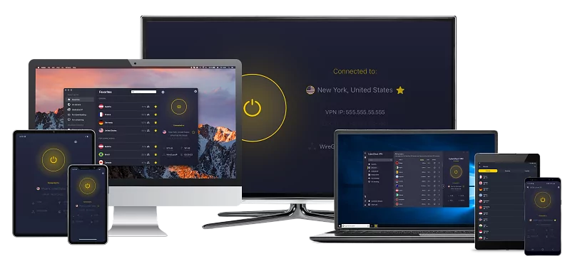 graphic of cyberghost 8 apps user interface on different devices like laptops, desktops, and smartphones