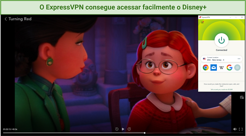 Captura de tela do Disney+ sendo acessado pelo ExpressVPN e reproduzindo Red: Crescer é uma Fera.