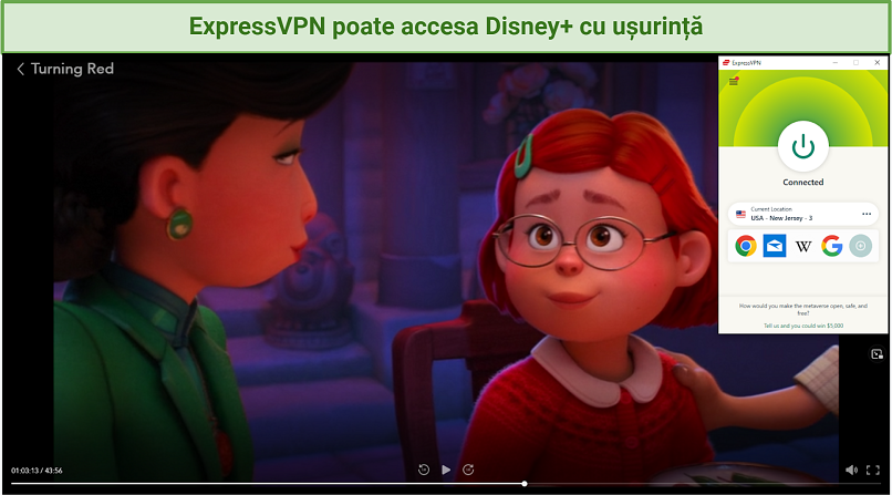 O captură de ecran cu Disney+ accesat prin ExpressVPN și redând Turning Red.