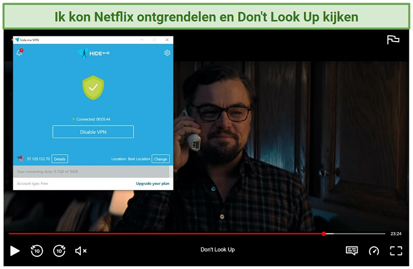Screenshot of Netflix player streaming Don't Look Up unblocked with hideme's free plan