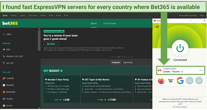 Screenshot of Bet365's homepage while ExpressVPN is connected to a server in Canada