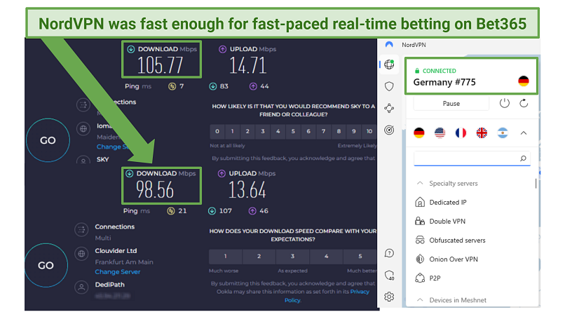 Screenshot of two speed test results showing baseline internet speed compared to speeds while NordVPN is connected to a server in Germany