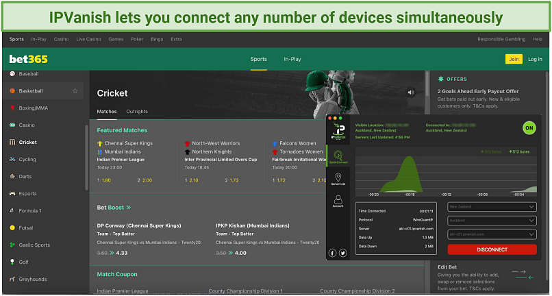 Graphic showing IPVanish with Bet365