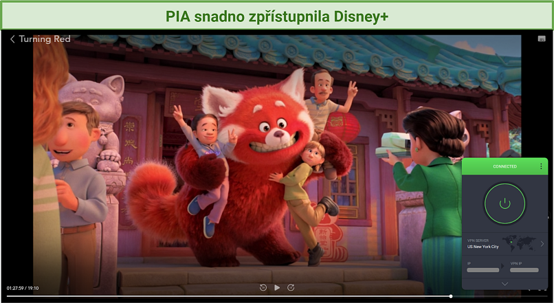 Výstřižek Disney+ zpřístupněného Private Internet Access a přehrávajícího film Turning Red.
