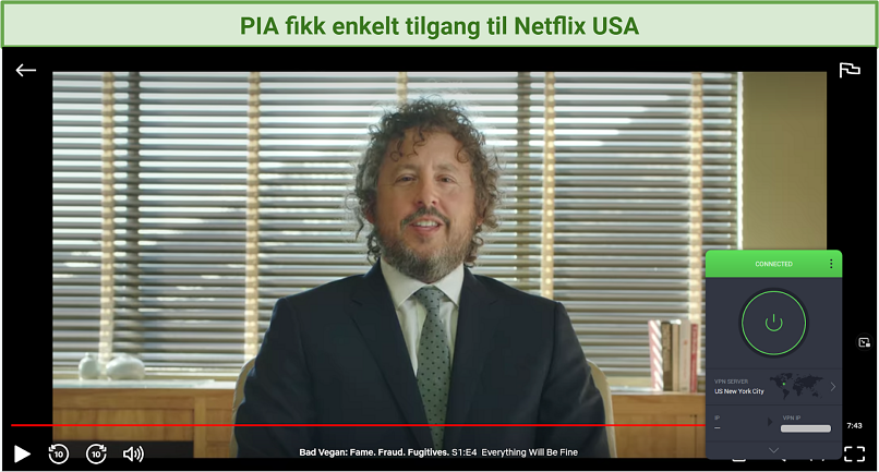 Skjermbilde av Netflix-spiller som strømmer Bad Vegan: Fame. Bedrageri. Rømlinger. Opphevet blokkeringen med Private Internet Access