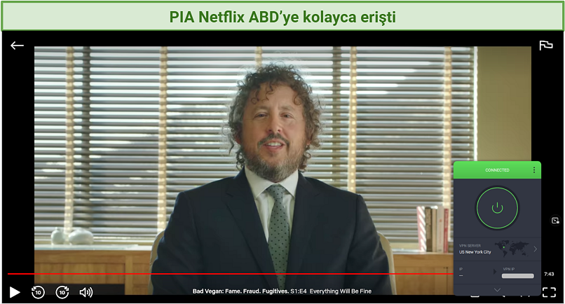 PIA Netflix ABD’ye erişti ve Bad Vegan: Fame. Fraud. Fugitives. izlememei sağladı. Private Internet Access ile Netflix oynatıcının engelini kaldırıp Bad Vegan. Fame. Fraud. Fugitives izleme ekran görüntüsü