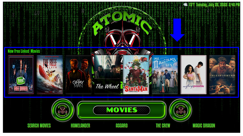 Screenshot Atomic Matrix Kodi build has an appealing green color design