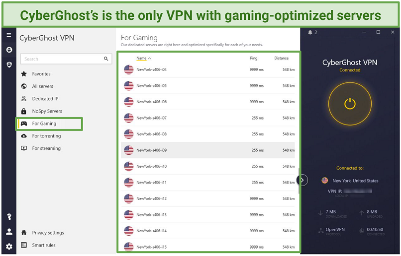 Screenshot of the CyberGhost Windows app showing its dedicated gaming servers