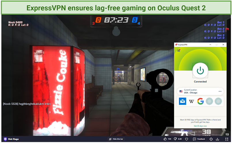 Screenshot showing lag-free gaming on Counter Strike connected to ExpressVPN US server