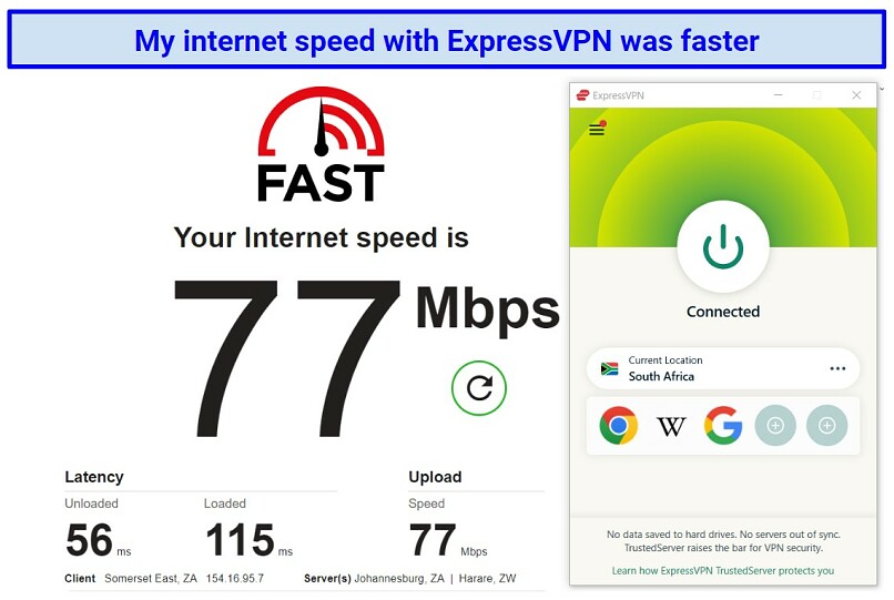 Screenshot of speed test when connected to ExpressVPN