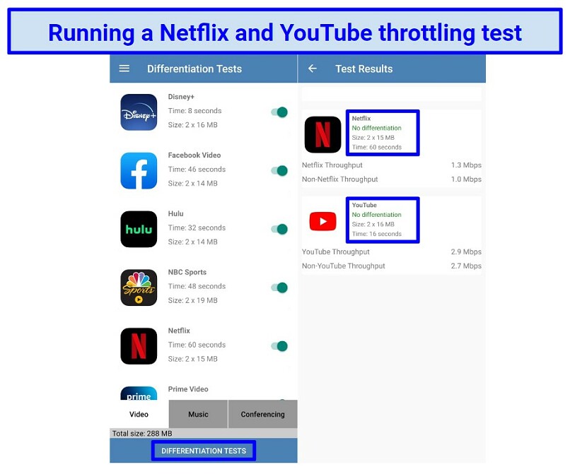 A screenshot of the Wehe app on Android, running a throttling test for Netflix and YouTube