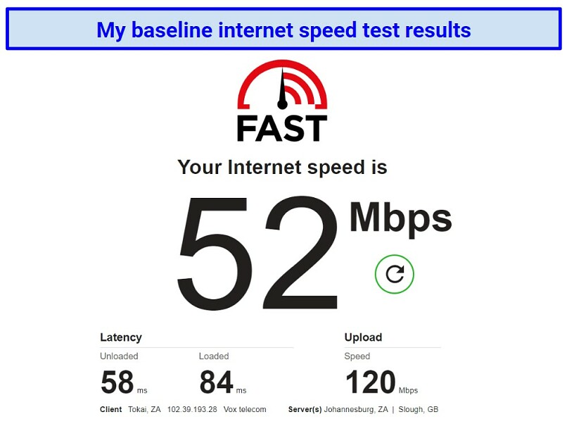 Screenshot of internet speed test results on fast.com when not connected to a VPN