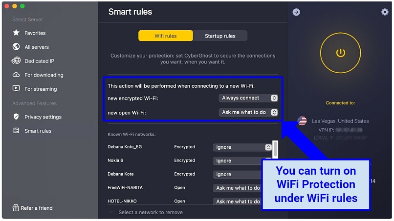 An image that displays CyberGhost's WiFI settings to keep you safe when using Grindr