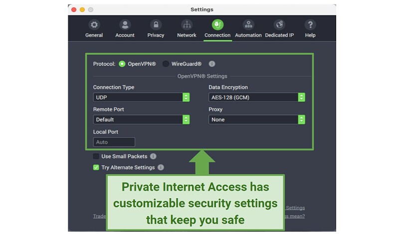 Screenshot of of Private Internet Access' security settings keep your data private on Grindr
