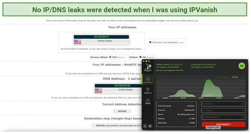 Sreenshot showing IPVanish won't leak your data while using Grindr.