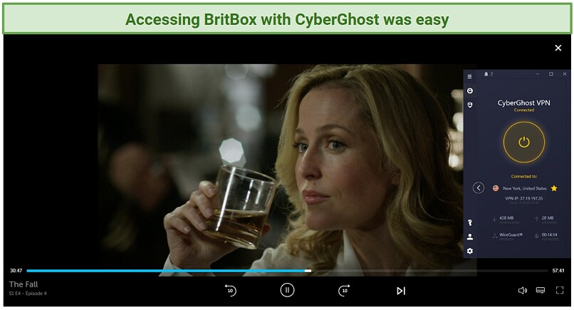 graphic showing The Fall streaming on BritBox using CyberGhost