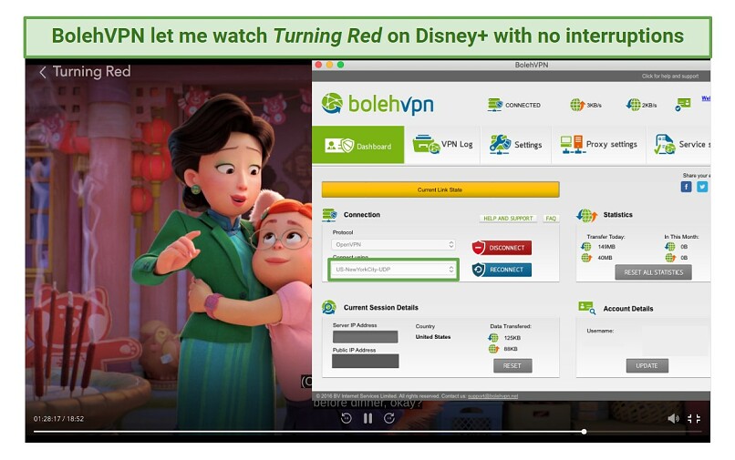Screenshot watching Turning Red on Disney+ using BolehVPN's US servers