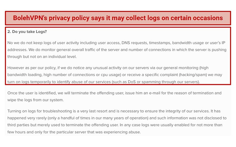 Screenshot of BolehVPN's privacy policy talking about what kind of logs it stores