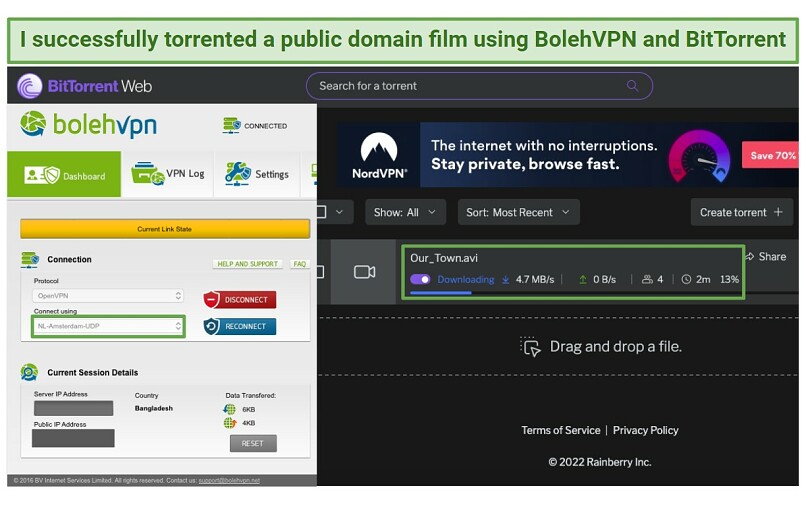 Screenshot of torrenting a public domain file with BolehVPN on BitTorrent