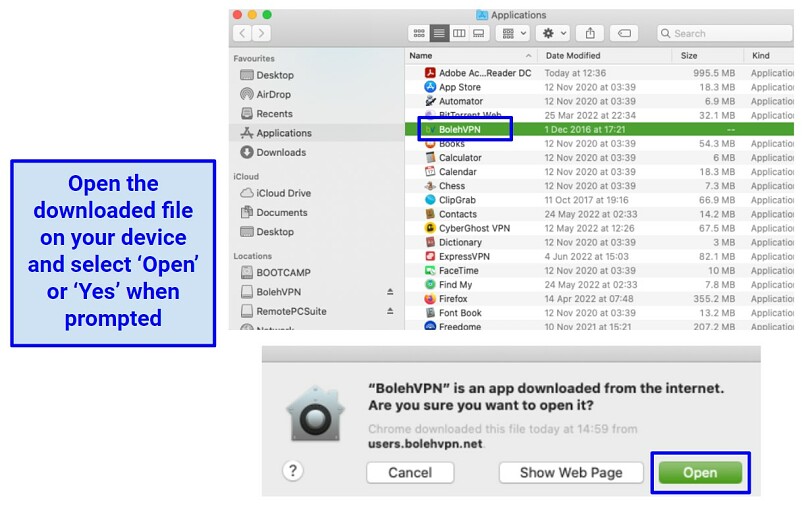 Image showing screenshots of staps to open downloaded BolehVPN app on macOS