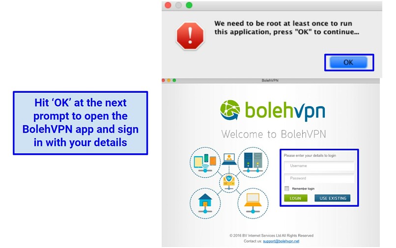 Image showing steps to reach sign in page for the BolehVPN app.