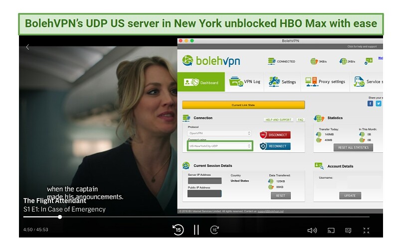 Captura de pantalla de ver a la azafata en HBO Max usando Bolehvpn