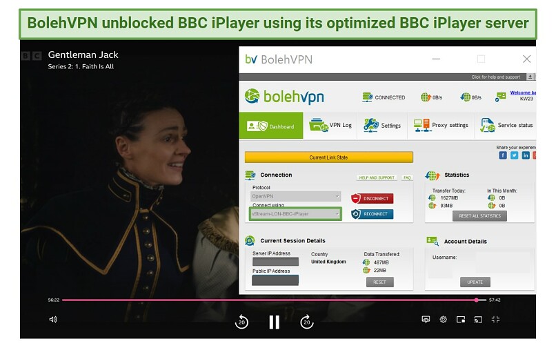 Screenshot of watching Gentlemen Jack on BBC iPlayer connected to BolehVPN's optimized streaming servers