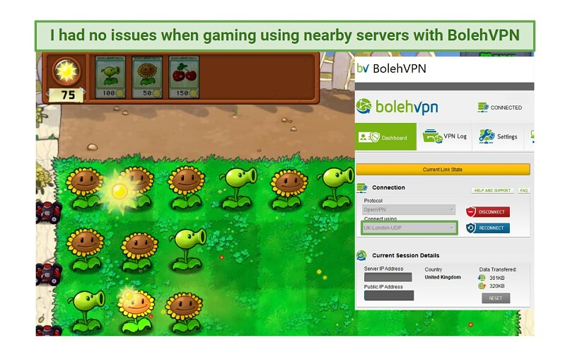 Screenshot of using BolehVPN for gaming