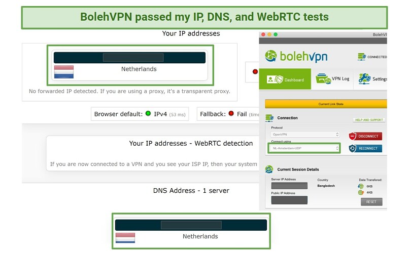 Test results of BolehVPN's IP/DNS/WebRTC leak tests