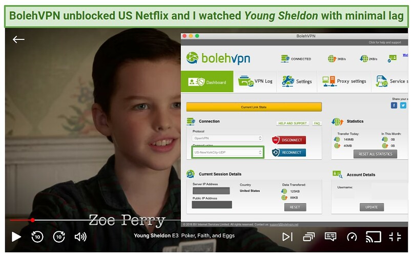 A screenshot of Young Sheldon playing on Netflix while connected to BolehVPN's NY-UDP server