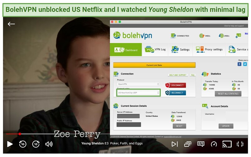 Una captura de pantalla del joven Sheldon jugando en Netflix mientras está conectado a Bolehvpn
