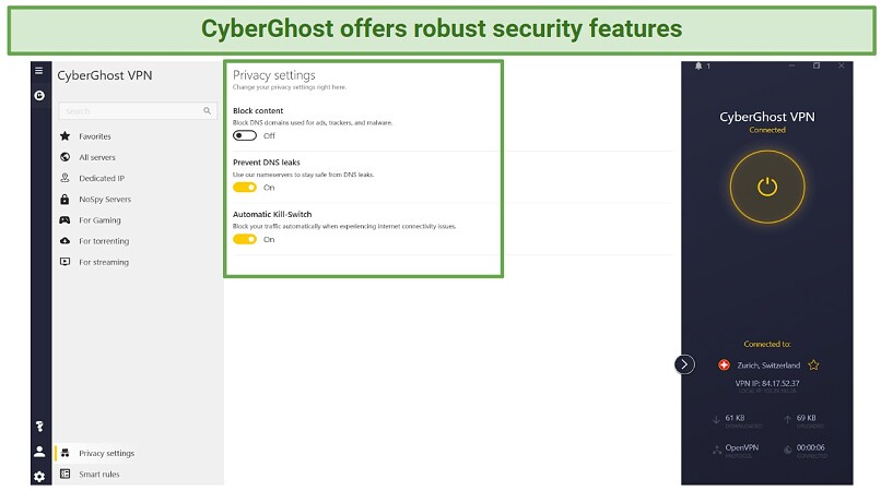 Screenshot of CyberGhost privacy settings to safely use Exodus Kodi anywhere
