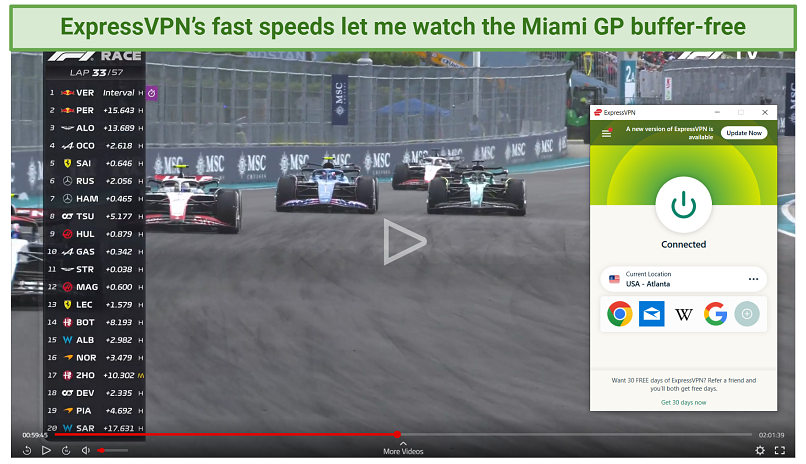  A screenshot of an F1 race, while connected to an ExpressVPN server in the US