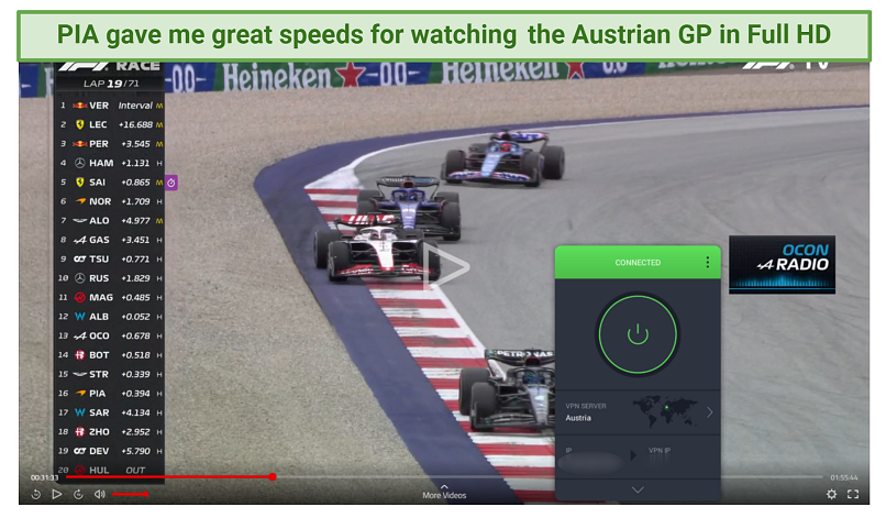 A screenshot of an F1 race, while connected to a PIA server in Austria