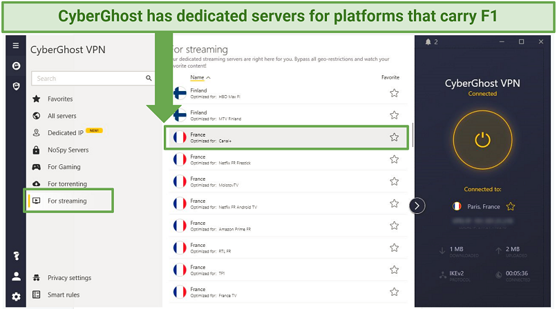 A screenshot of CyberGhost's streaming optimized servers for services that air F1 races live
