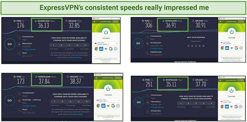 A screenshot showing ExpressVPN's great speeds while connected to various servers worldwide