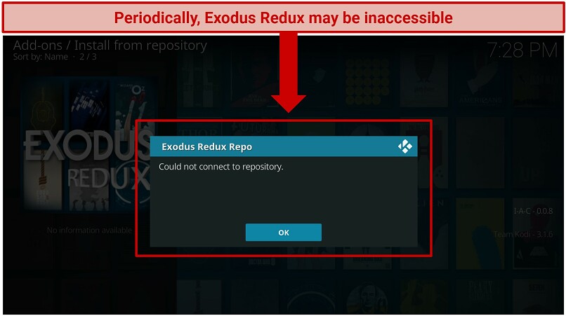 A screenshot showing the 'Could not connect to repository' error message displayed by Exodus Redux Kodi addon when it's unreachable
